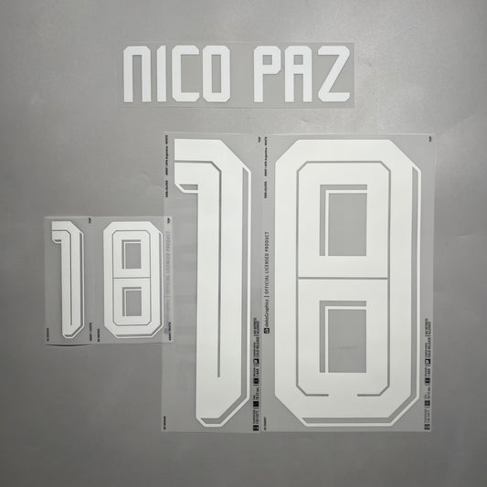 Official #18 Nico Paz 2026 Argentina Away Name & Number set