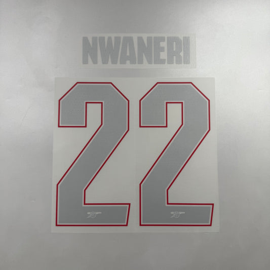 Official #22 Nwaneri 25/26 Arsenal Away Name and Numbet set Club Font