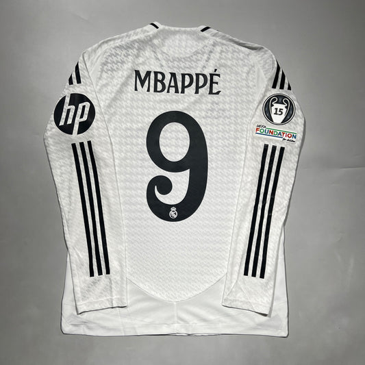 Official #9 Mbappe 24/25 Real Madrid Home Authentic Shirt Long Sleeve UCL